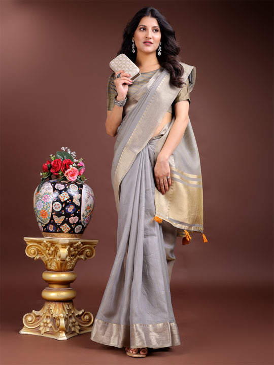 Grey Cotton Saree With Blouse Piece