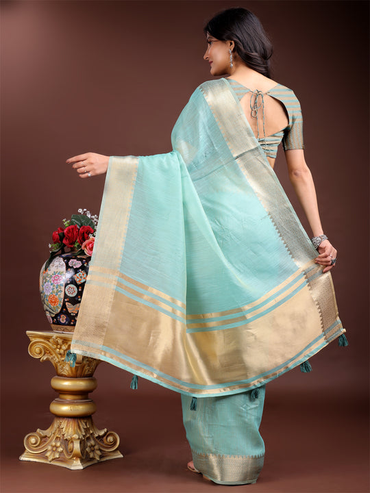 Sea Green Cotton Saree With Blouse Piece