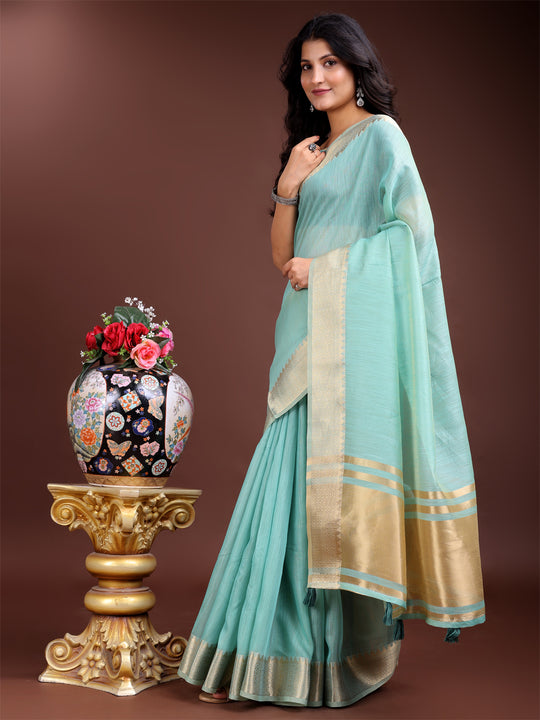 Sea Green Cotton Saree With Blouse Piece