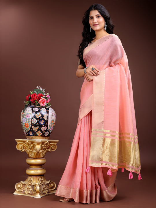 Pink Cotton Saree With Blouse Piece