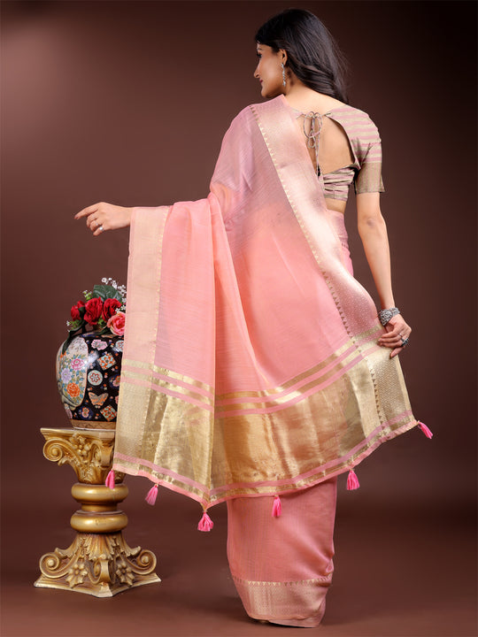 Pink Cotton Saree With Blouse Piece