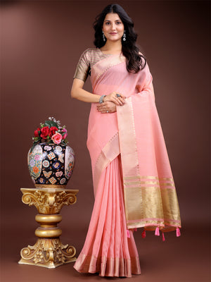 Pink Cotton Saree With Blouse Piece