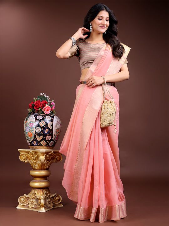 Pink Cotton Saree With Blouse Piece