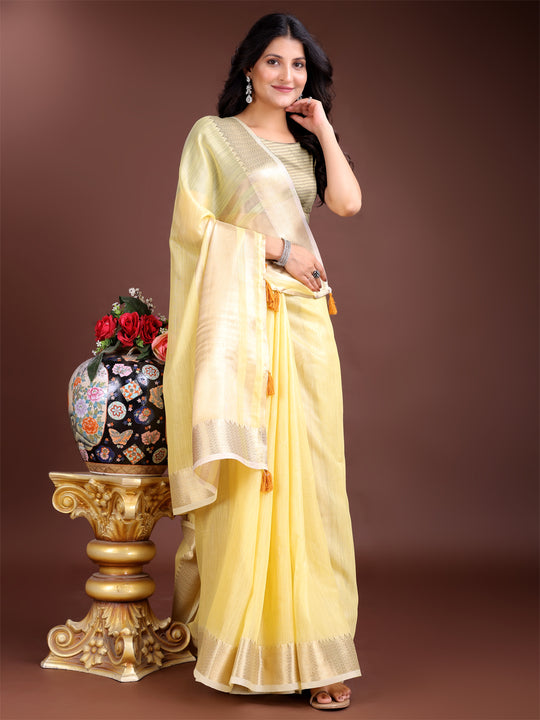 Yellow Cotton Saree With Blouse Piece