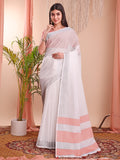 White Linen Cotton Saree With Blouse Piece