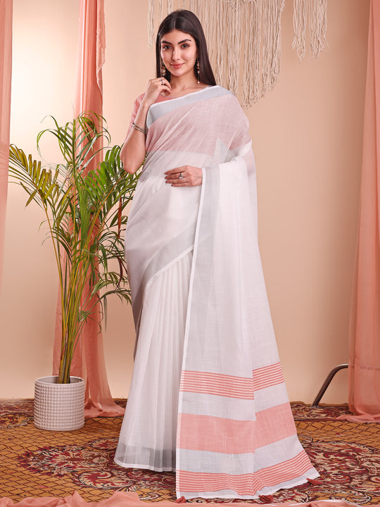 White Linen Cotton Saree With Blouse Piece