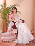 White Linen Cotton Saree With Blouse Piece