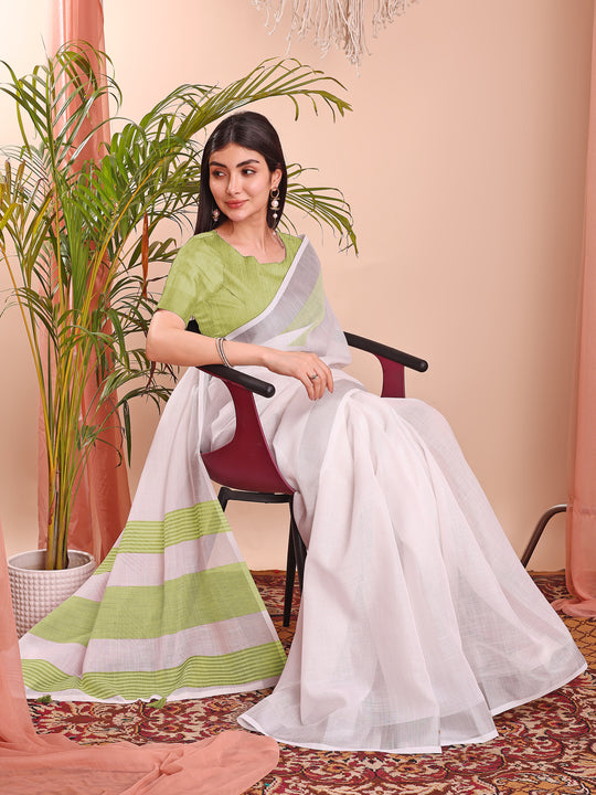 White Linen Cotton Saree With Blouse Piece