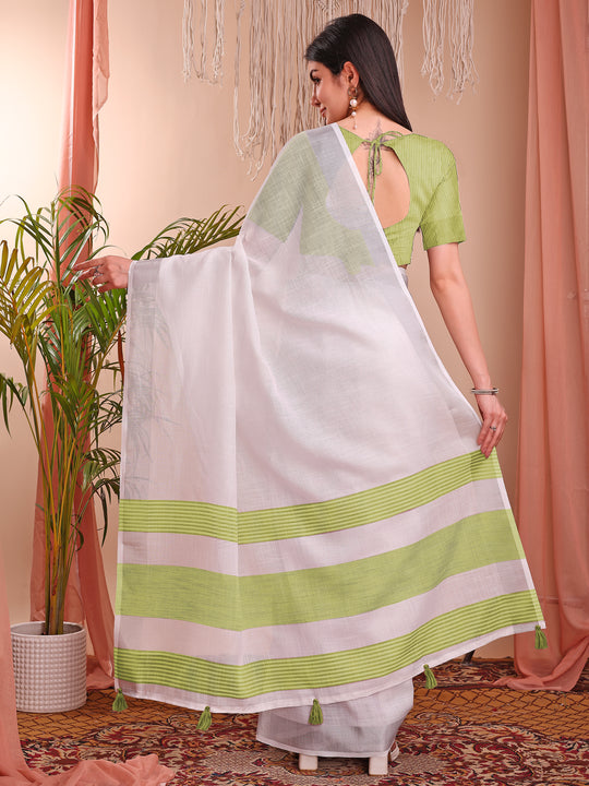 White Linen Cotton Saree With Blouse Piece