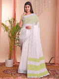 White Linen Cotton Saree With Blouse Piece