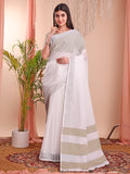 White Linen Cotton Saree With Blouse Piece