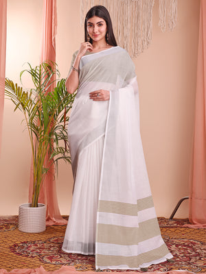 White Linen Cotton Saree With Blouse Piece