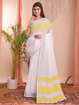 White Linen Cotton Saree With Blouse Piece