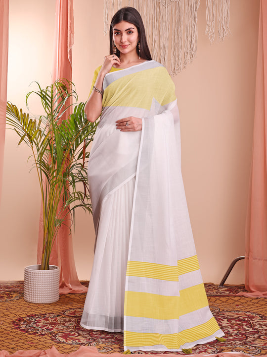 White Linen Cotton Saree With Blouse Piece