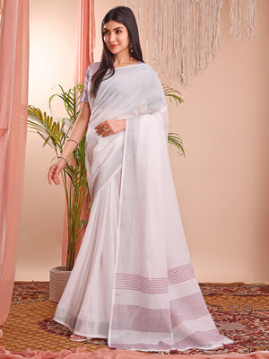 White Linen Cotton Saree With Blouse Piece