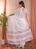 White Linen Cotton Saree With Blouse Piece
