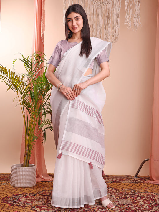 White Linen Cotton Saree With Blouse Piece