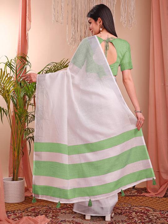 White Linen Cotton Saree With Blouse Piece