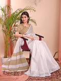 White Linen Cotton Saree With Blouse Piece