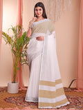 White Linen Cotton Saree With Blouse Piece