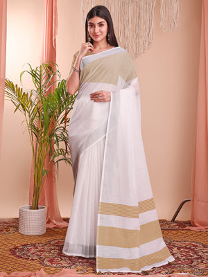 White Linen Cotton Saree With Blouse Piece
