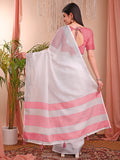 White Linen Cotton Saree With Blouse Piece