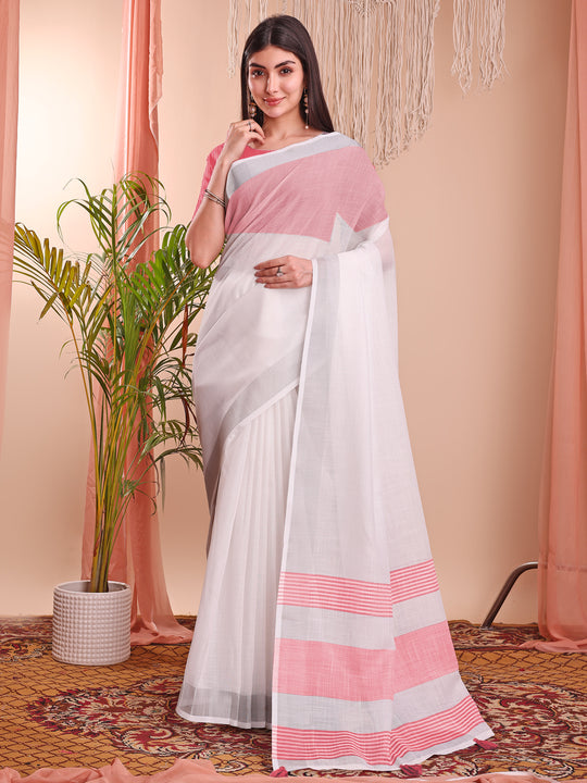 White Linen Cotton Saree With Blouse Piece