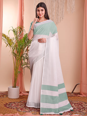 White Linen Cotton Saree With Blouse Piece