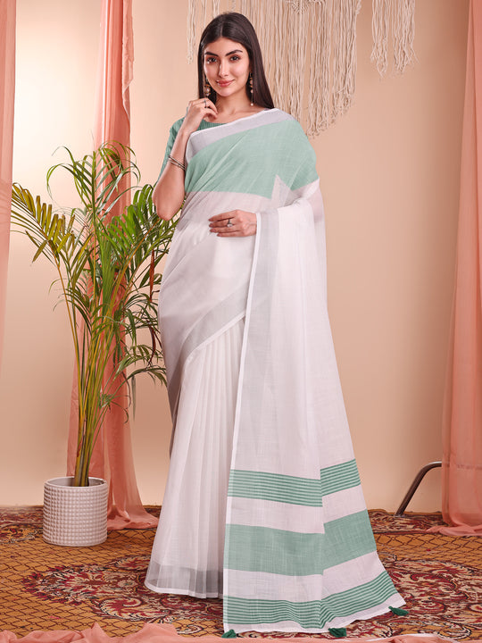 White Linen Cotton Saree With Blouse Piece