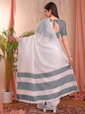 White Linen Cotton Saree With Blouse Piece