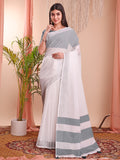 White Linen Cotton Saree With Blouse Piece
