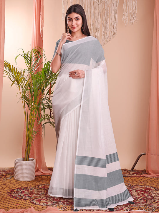 White Linen Cotton Saree With Blouse Piece