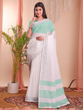White Linen Cotton Saree With Blouse Piece