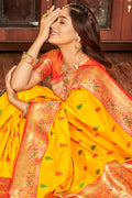 Yellow Banarasi Silk Saree With Blouse