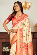 Cream Banarasi Silk Saree With Blouse