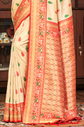 Cream Banarasi Silk Saree With Blouse