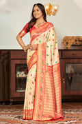 Cream Banarasi Silk Saree With Blouse