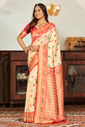 Cream Banarasi Silk Saree With Blouse