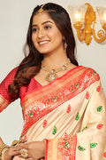 Cream Banarasi Silk Saree With Blouse