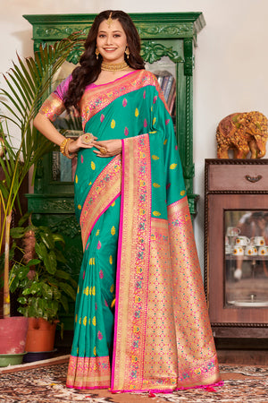 Teal Banarasi Silk Saree With Blouse