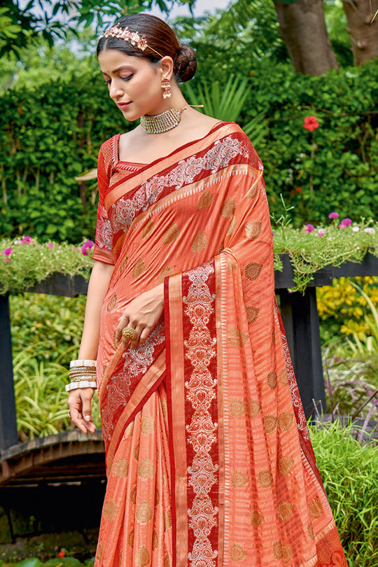 Coral Peach Banarasi Saree