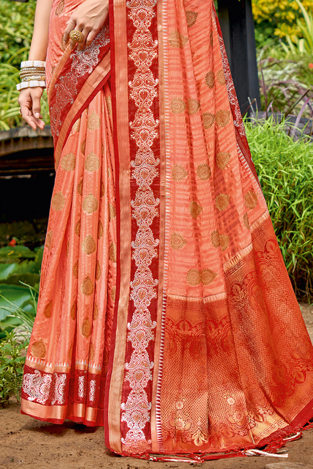 Coral Peach Banarasi Silk Saree