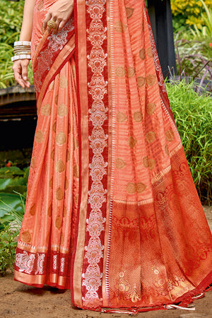 Coral Peach Banarasi Saree
