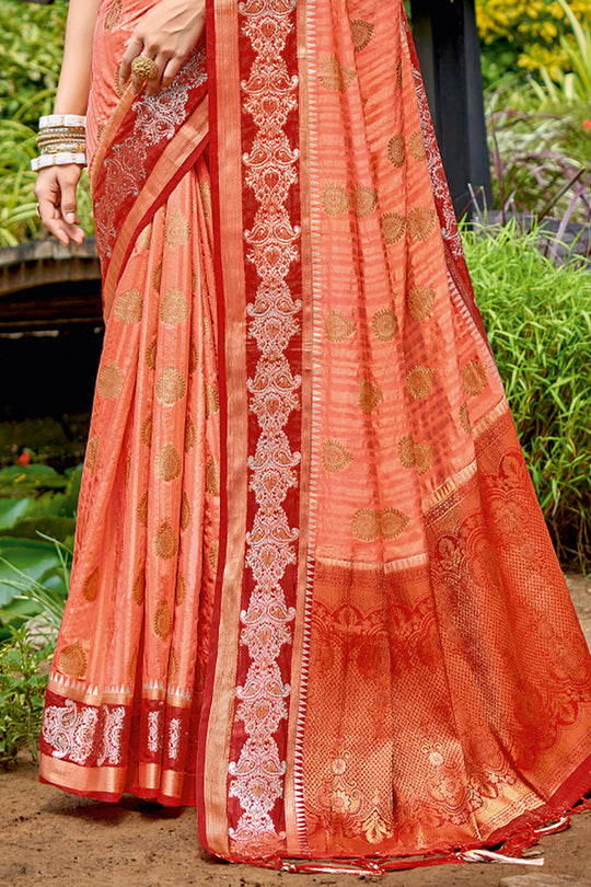 Coral Peach Banarasi Saree