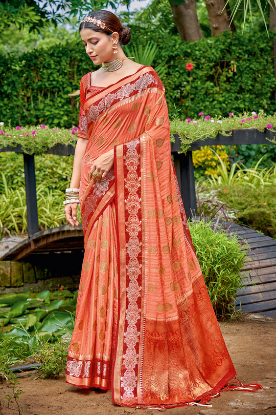 Coral Peach Banarasi Saree