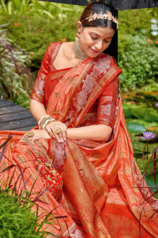 Coral Peach Banarasi Saree