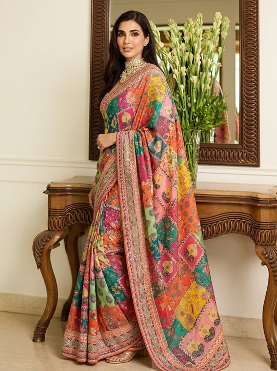 Printed Embellished Mirrorwork Chiffon Saree