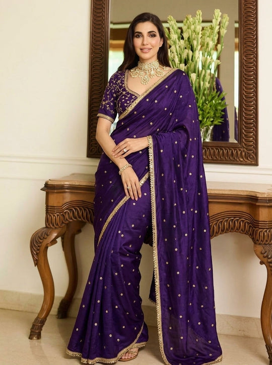 Embroidered Embellished Sequinned Satin Saree
