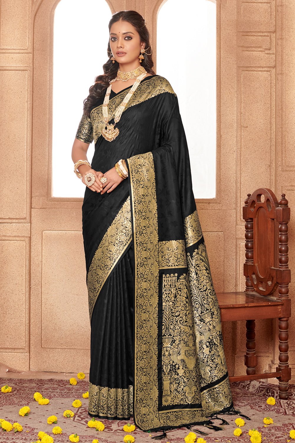 Black Banarasi Silk Saree With Blouse