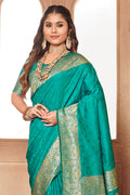 Turquoise Banarasi Silk Saree With Blouse